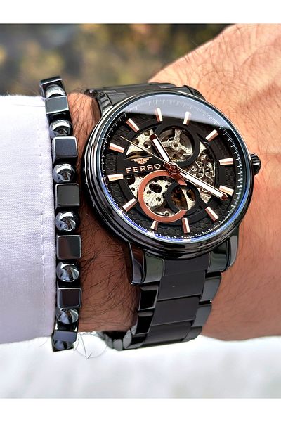 FERRO Black Color Automatic Business Steel Band Men's Wrist Watch+Bracelet