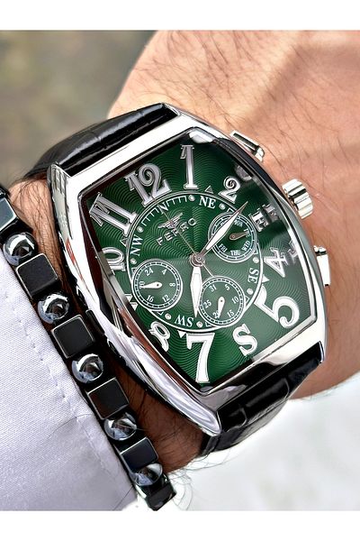 FERRO Black Color Bombe Glass Leather Cord Square Large Case Men Wrist Watch+Bracelet