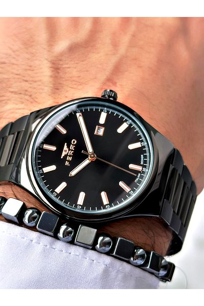 FERRO Black Color Classic Model Steel Band Men's Wrist Watch + Bracelet