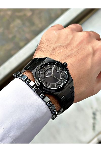FERRO Black Color Classic Steel Band Men's Wrist Watch+Bracelet