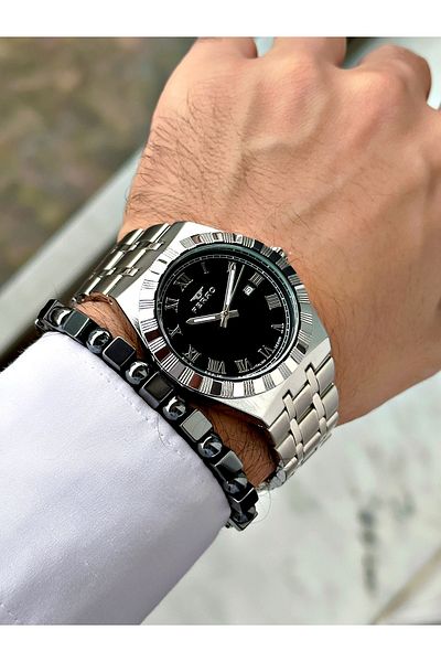 FERRO Silver Color Roman Numeral Classic Men's Wrist Watch + Bracelet Gift