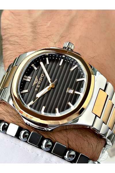 FERRO Gold Color Square Stylish Model Classic Men's Wrist Watch + Bracelet
