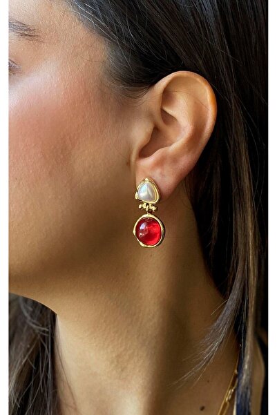 Sacha Accessories Geometrik İnci Detaylı Gold Kırmızı Küpe