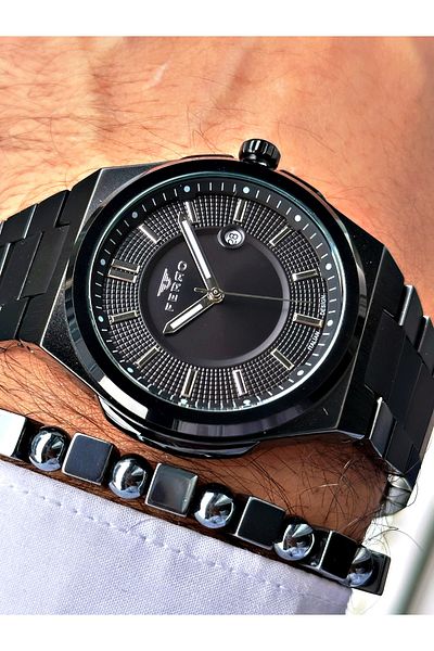 FERRO Black Color Classic Steel Band Men's Wrist Watch+Bracelet