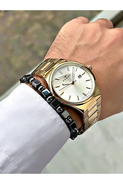 FERRO Gold Color Classic Model Steel Band Men's Wrist Watch + Bracelet