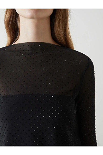 LC Waikiki LCW Vision Siyah Bisiklet Yaka Taşlı Kadın Bluz