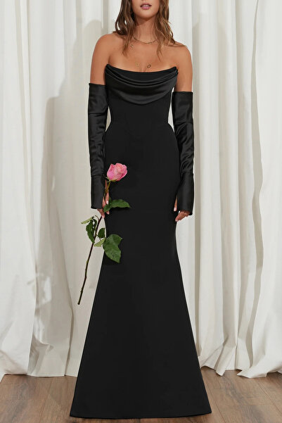 bontesel Siyah Saten Krep Abiye Elbise