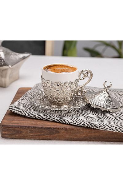 KT HOME Arab Coffee Cup Turkish Coffee Poppy Set of 6 Porcelain Presentation Set (Silver)