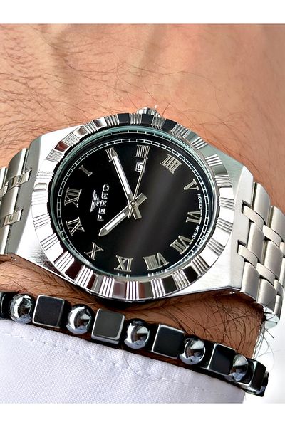 FERRO Silver Color Roman Numeral Classic Men's Wrist Watch + Bracelet Gift