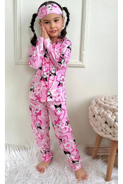 ARBİ kids Kuromi Pink Cotton Pajama Set for Girls - Including Eye Patch