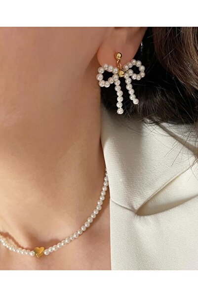 mos&more Beyaz Fiyonk Inci Sallantılı Kadın Küpe