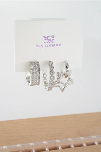 By Zeyna Aksesuar Kadın Vip Seri  Antialerjik Baget Zirkon Taşlı  3'lü Küpe