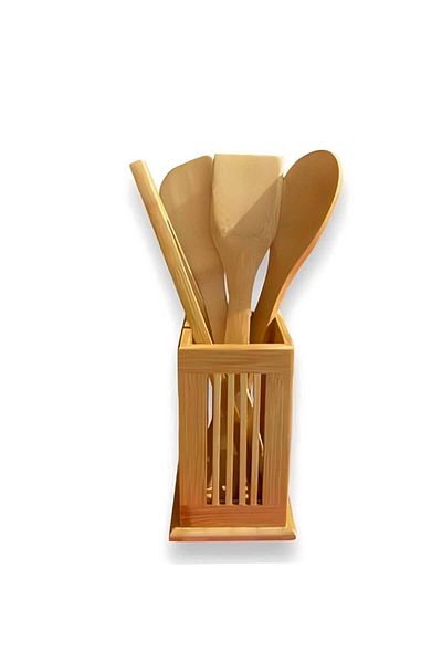 MEHAY HOME Luxurious Bamboo 5-Piece Bamboo Cutlery Set - Spatula-Toupee-Side Spatula-Countertop