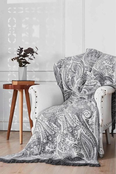 Bikaya Home Double Sided Aksu Cotton Patterned Blanket - Gray Scialle