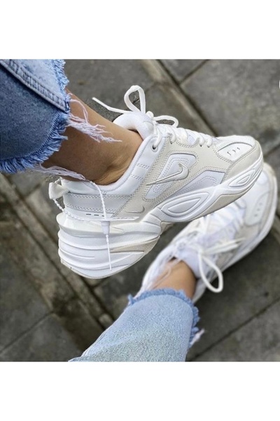 Nike M2k Tekno Leather Unisex Sneaker Hakiki Deri Spor Ayakkabı Kırık Beyaz Yükseklik 4cm