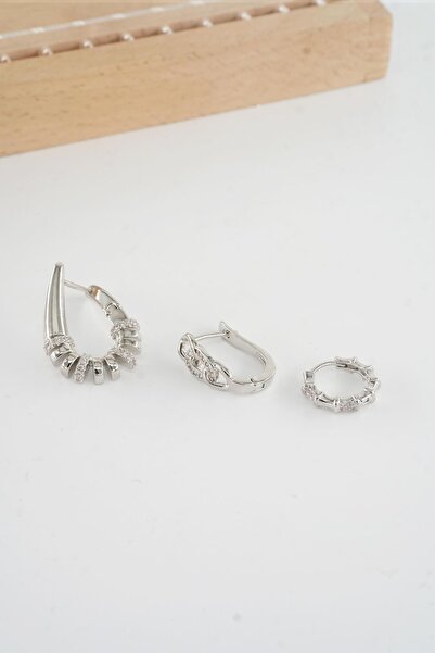 By Zeyna Aksesuar Women's Vip Series Antiallergic Baguette Zircon Stone 3-Piece Earrings