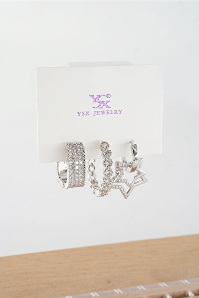 By Zeyna Aksesuar Kadın Vip Seri  Antialerjik Baget Zirkon Taşlı  3'lü Küpe