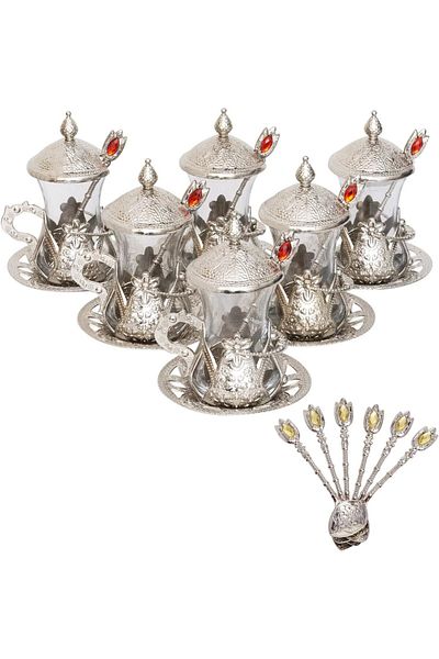 KT HOME Tea Set Ottoman Motif Tea Presentation Set with Spoon Turkish Tea Cup Set Traditional Turkish Motifs 6 Pieces