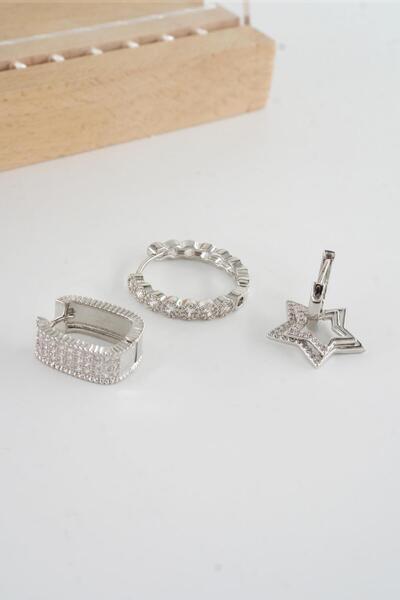 By Zeyna Aksesuar Kadın Vip Seri  Antialerjik Baget Zirkon Taşlı  3'lü Küpe