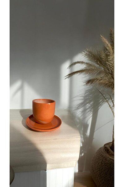 El Yapımı Turuncu Stoneware Türk Kahvesi Espresso Fincan Seti