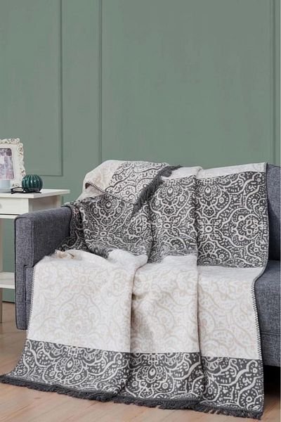 Bikaya Home Aksu Patterned Cotton Blanket - Double Sided, Single, Antray Gray