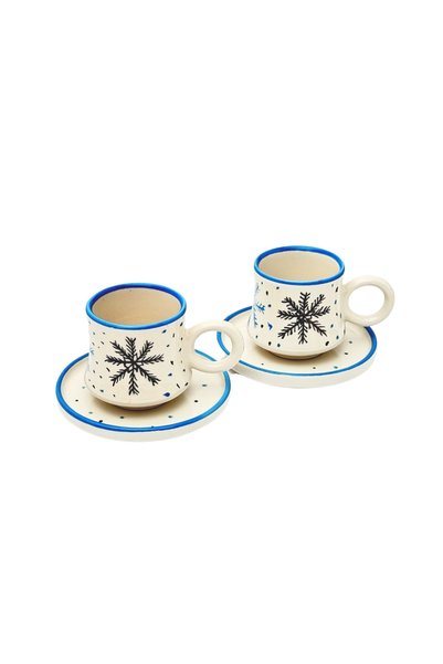 Gezdikçe Bilelim Set of 2 Snowflake Patterned Handmade Ceramic Coffee Cups, Turkish Coffee Cup Set, Hand Made