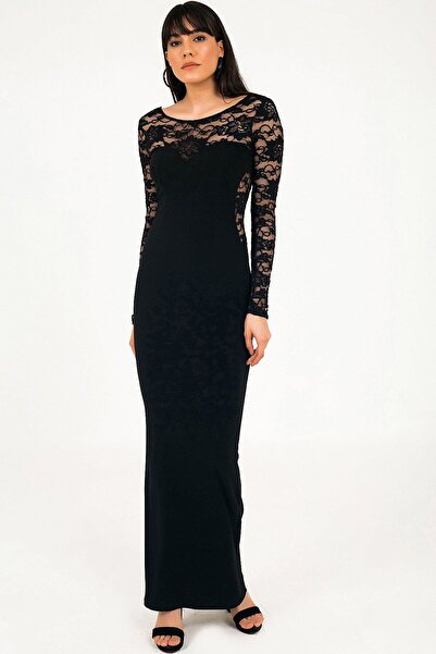 Qlees Kadın Siyah Yuvarlak Yaka Sırt Dekolteli Tül Süslemeli Şık Uzun Kına Elbise