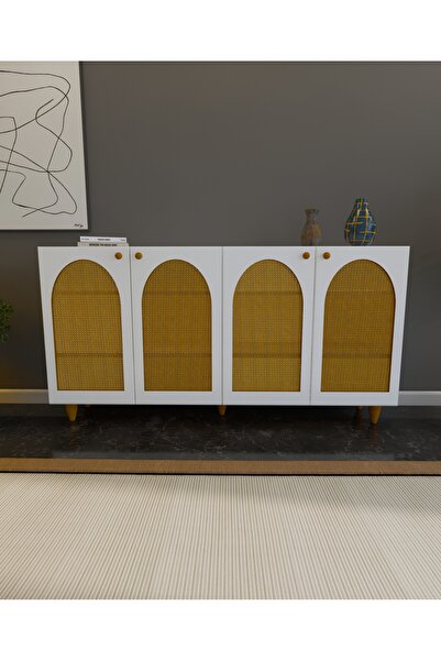 lazzir handle MDF Bohem Konsol-(Mdf 4 Kapaklı Hazeranlı)-(Beyaz)-(180 Cm Genişlik)-(Konik Ayaklı)