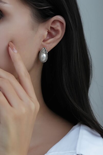 Glaren Vintage Oval İncili Gümüş Renk Kadın Küpe