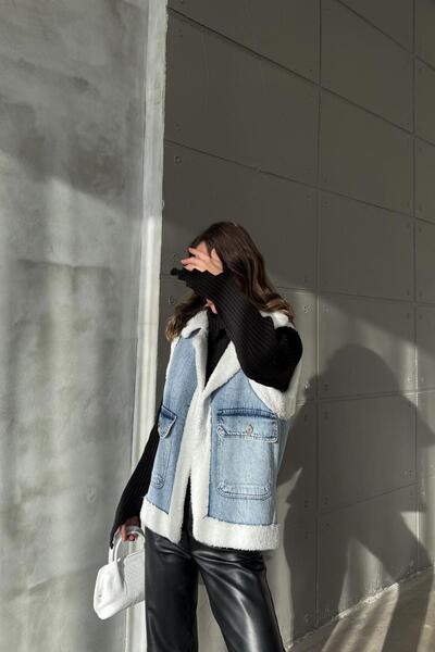 DAMGA JEANS Жіночий плюшевий довгий хутряний зимовий безрукавний синій джинсовий жилет