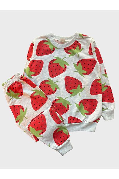 ALİŞ KİDS Girl's Cotton Raised Gray Strawberry Print Long Sleeve Winter Pajamas Set