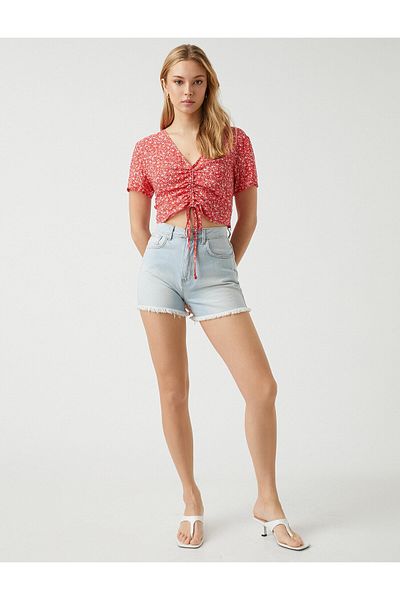 Koton Floral Crop Blouse V-Neck Tie Detail