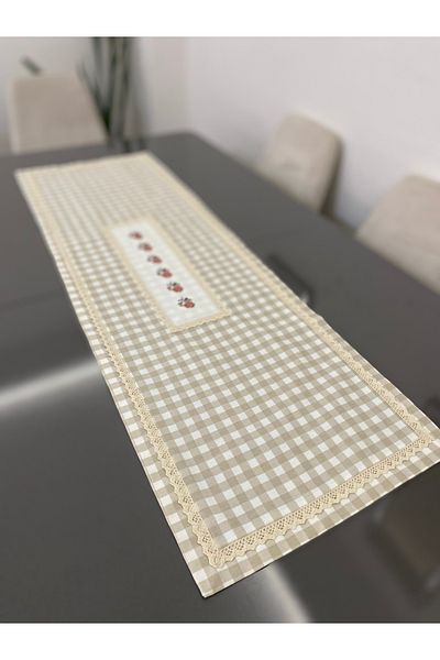 Parla Life Μπεζ Runner - Gingham Cross Stitch Κεντημένο, Προσαρμοσμένο Μέγεθος