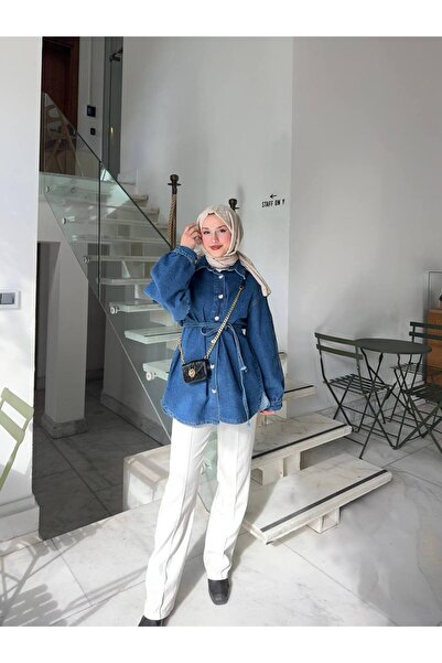 Qeysa Kadın Bel Bağlamalı Kot Ceket, Kadın Oversize Kot Ceket