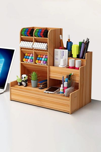 kutuTR Notpa 10 Compartment Drawers Desktop Organizer Pen Holder Assembled Walnut