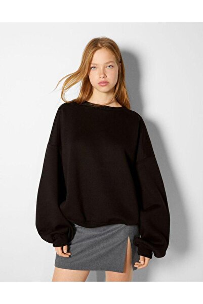 Butik Bisiklet Yaka Oversize Sweetshirt Siyah