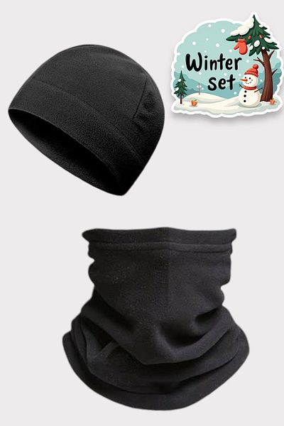Teknor Unisex Black Thermal Winter Quality Fleece Beanie and Neck Collar Set