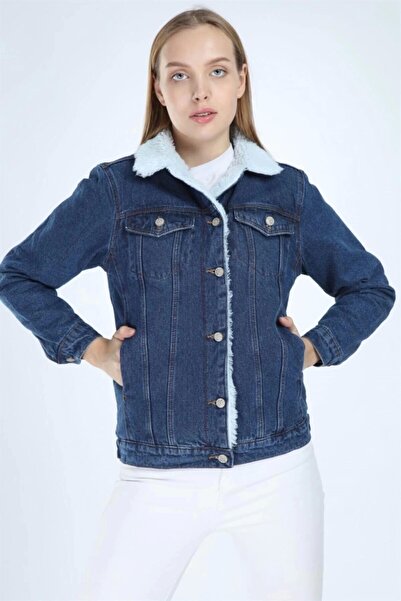 Modaca Içi Kürklü Kot Ceket Mavi