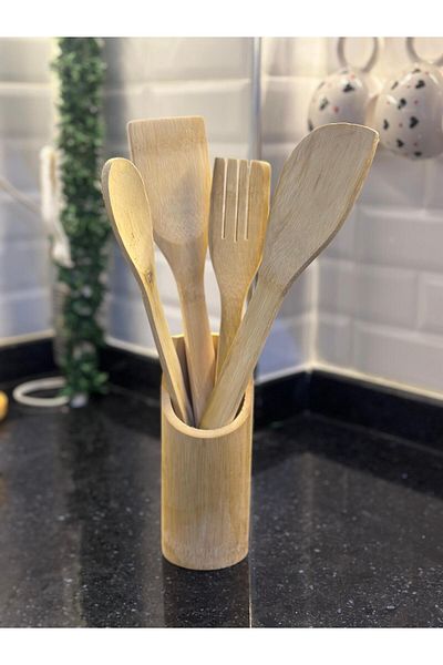 VİGENTİNO Bamboo Spoon Set 5 Pieces | Bamboo Serving Set with 5 Stands