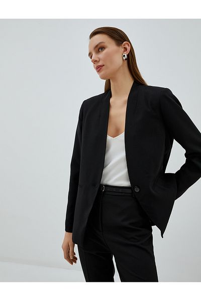 Koton Collarless Blazer Jacket with Single Button Pocket Detail