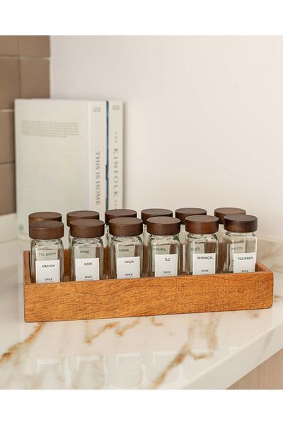 KaiHome Set of 12 Glass Acacia Lid Square Spice Racks (14 Labels)