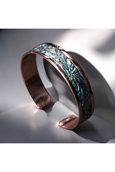 Sırlı Sepet Esinti Desenli Turkuaz Renkli Bakır Bilezik