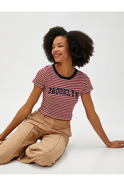 Koton Tricou Crop Imprimat Mânecă Scurtă Decolteu Crew Blended Viscose