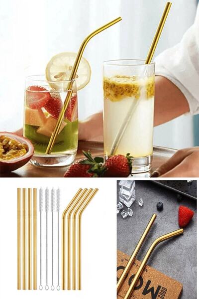 Byanes 6' Lı Paslanmaz Çelik Gold Metal Pipet Ve Temizleme Fırçası