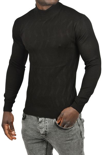 DeepSEA Мъжки черен пуловер с поло яка Slim Fit и шарки, трикотаж, 2505505