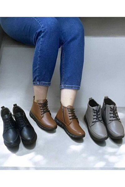 BUSENİNSHOES Hakiki Deri Bağcık Süs Amaçlı Fermuarlı Kadın Anne Botu