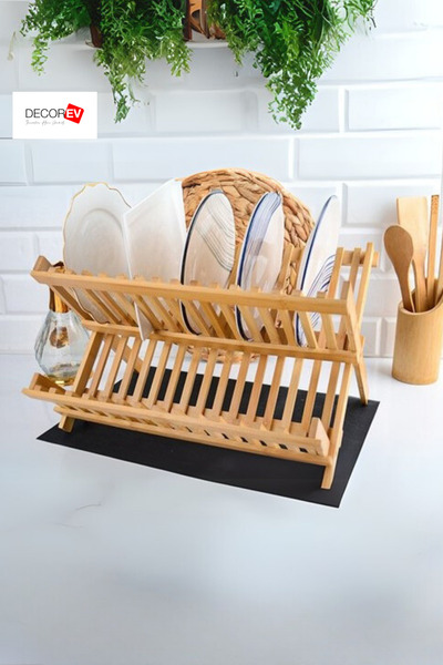 decorev Bambu Ahşap Bulaşıklık Tabaklık Büyük Boy 2 Katlı Katlanabilir Tabaklık (47 cm 32 cm )