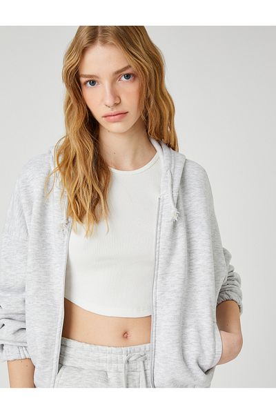 Koton Zippered Sweatshirt Hooded with Pocket Detail