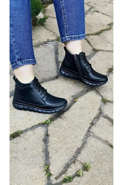 BUSENİNSHOES Hakiki Deri Bağcık Süs Amaçlı Fermuarlı Kadın Anne Botu