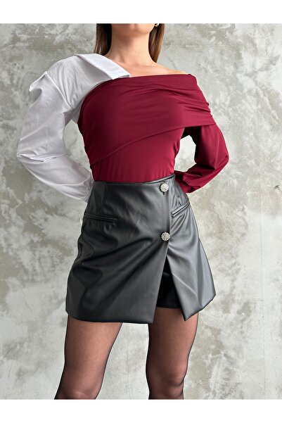 Diviny Button Detailed Leather Shorts Skirt